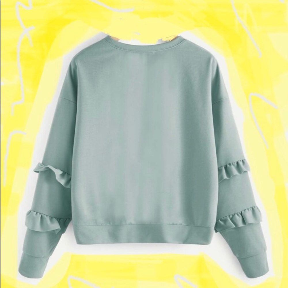 FIRM! NEW! Blue Ruffled Sleeve Sweatshirt Large - Picture 2 of 2